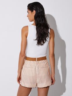 Reiss Chloe Linen Rich Stripe Shorts, Coral Orange/Ivory - view 2, Coral Orange/Ivory