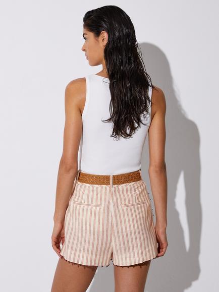 Reiss Chloe Linen Rich Stripe Shorts, Coral Orange/Ivory - view 2, Coral Orange/Ivory