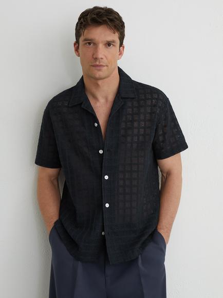 Reiss Belardo Cotton Rich Crochet Tile Cuban Short Sleeve Shirt, Navy, Navy