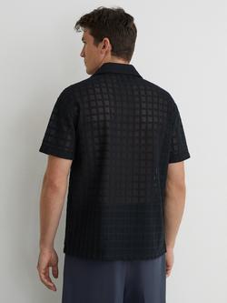 Reiss Belardo Cotton Rich Crochet Tile Cuban Short Sleeve Shirt, Navy - view 2, Navy