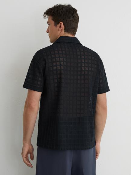 Reiss Belardo Cotton Rich Crochet Tile Cuban Short Sleeve Shirt, Navy - view 2, Navy