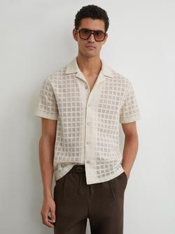 Reiss Belardo Cotton Rich Crochet Tile Cuban Short Sleeve Shirt, Off White, Off White