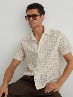 Reiss Belardo Cotton Rich Crochet Tile Cuban Short Sleeve Shirt, Off White - view 2, Off White