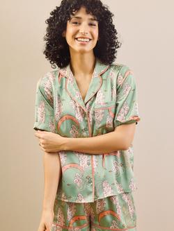 Their Nibs Sage & Pink Moon Satin Button Down Short Pyjama Set, Sage Green - view 2, Sage Green