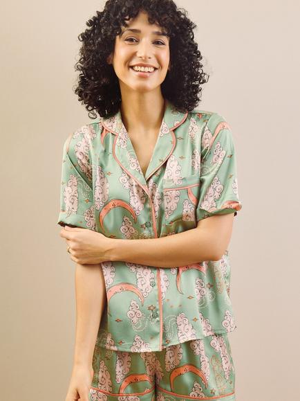Their Nibs Sage & Pink Moon Satin Button Down Short Pyjama Set, Sage Green - view 2, Sage Green