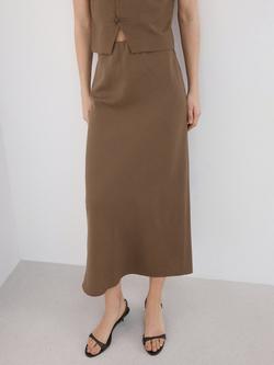 Mango High Waisted Linen Blend Midi Skirt, Brown, Brown