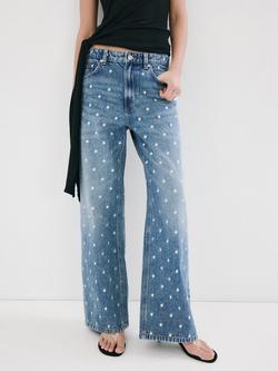 Mango Embroidered Polka Dot Denim Jeans, Mid Blue, Mid Blue