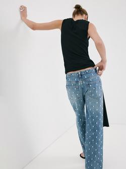 Mango Embroidered Polka Dot Denim Jeans, Mid Blue - view 2, Mid Blue
