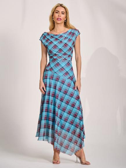 Jolie Moi Asymmetric Pleated Shoulder Check Dress, Blue/Multi, Blue/Multi