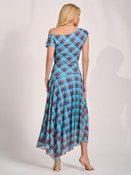 Jolie Moi Asymmetric Pleated Shoulder Check Dress, Blue/Multi - view 2, Blue/Multi