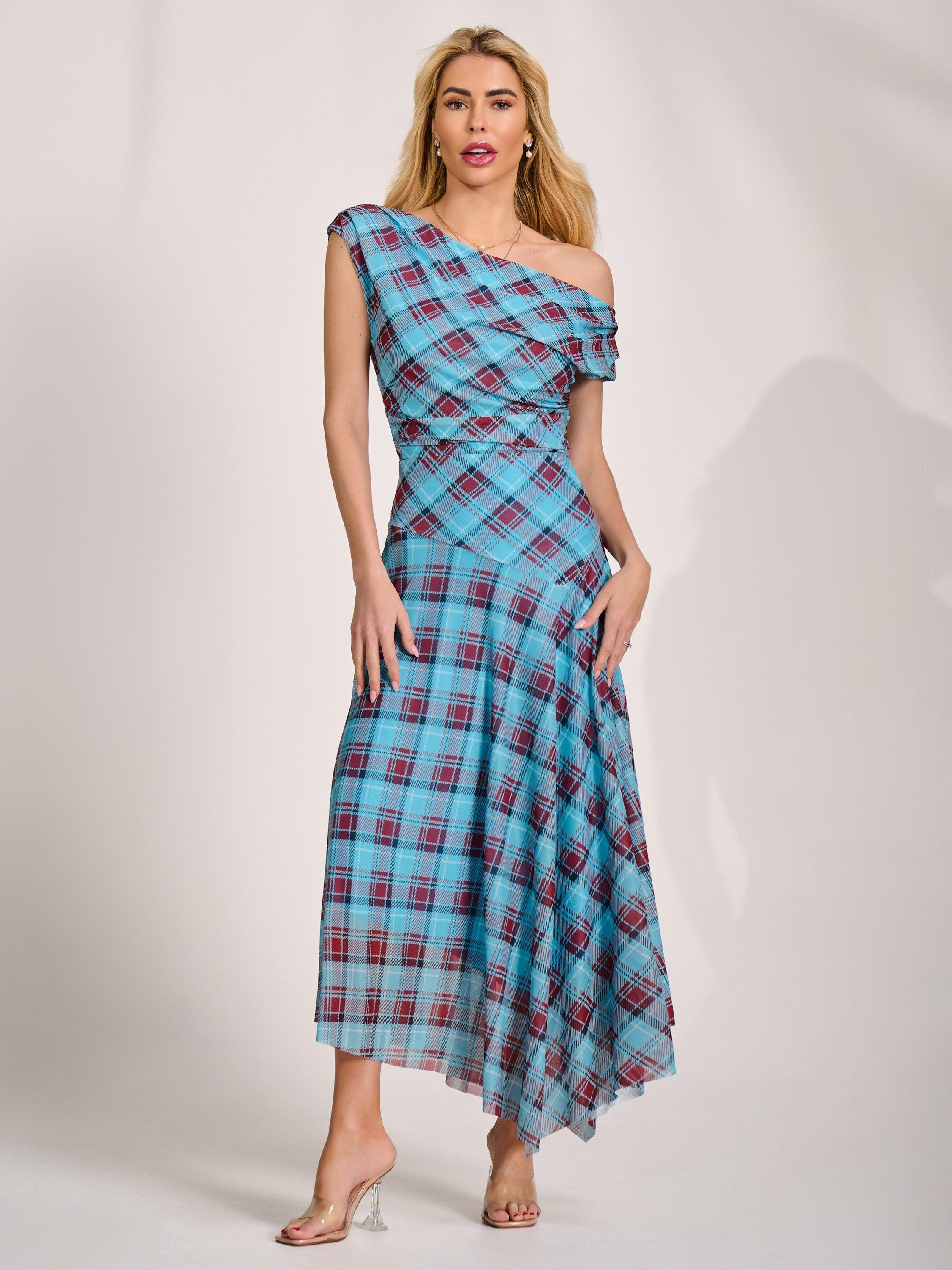 Jolie Moi Asymmetric Pleated Shoulder Check Dress, Blue/Multi