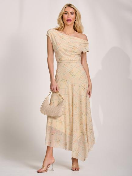 Jolie Moi Draped Mesh Asymmetric Dress, Yellow/Multi, Yellow/Multi