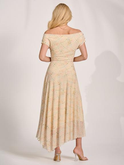 Jolie Moi Draped Mesh Asymmetric Dress, Yellow/Multi - view 2, Yellow/Multi