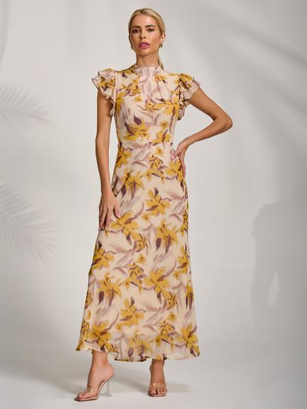 Jolie Moi Floral High Neck Ruffle Sleeve Dress, Yellow/Multi, Yellow/Multi