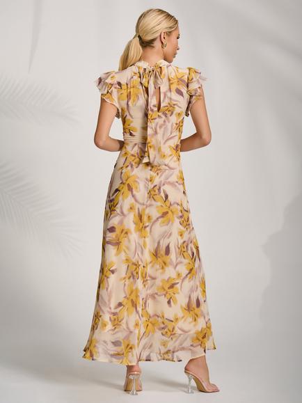 Jolie Moi Floral High Neck Ruffle Sleeve Dress, Yellow/Multi - view 2, Yellow/Multi