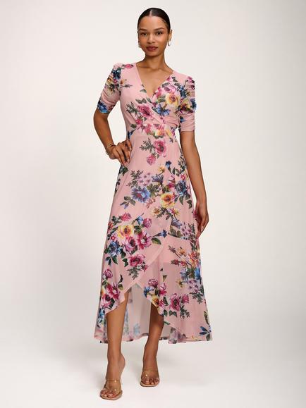 Jolie Moi Mesh V-Neck Floral Maxi Dress, Pink/Multi, Pink/Multi