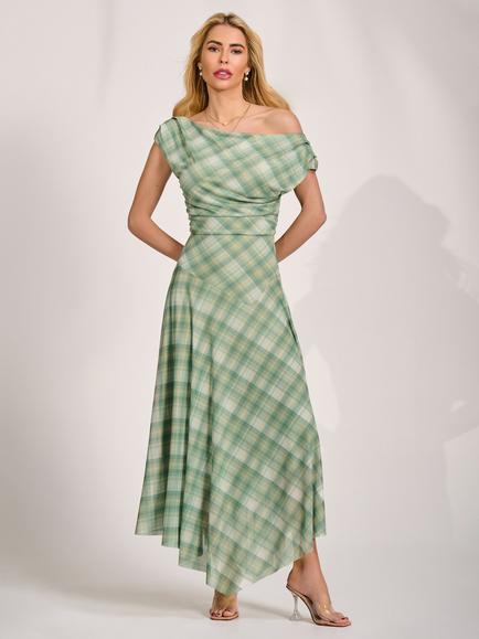 Jolie Moi Mesh Asymmetric Check Maxi Dress, Green, Green