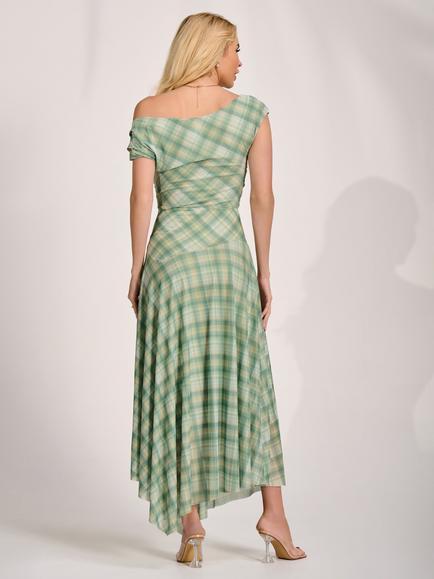 Jolie Moi Mesh Asymmetric Check Maxi Dress, Green - view 2, Green