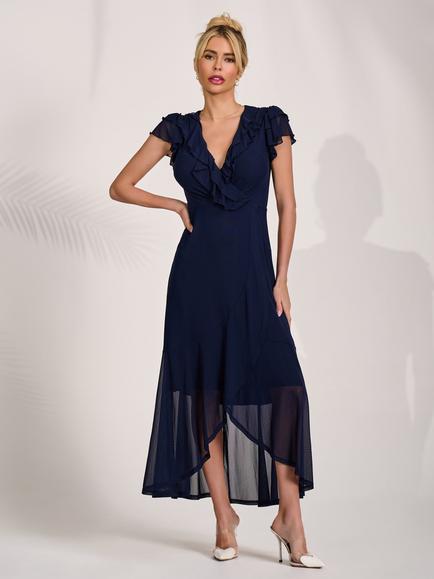 Jolie Moi Mesh V-Neck Ruffle Sleeve Maxi Dress, Navy, Navy