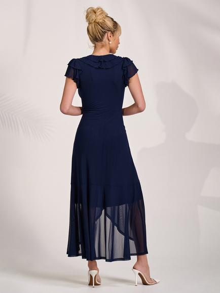 Jolie Moi Mesh V-Neck Ruffle Sleeve Maxi Dress, Navy - view 2, Navy