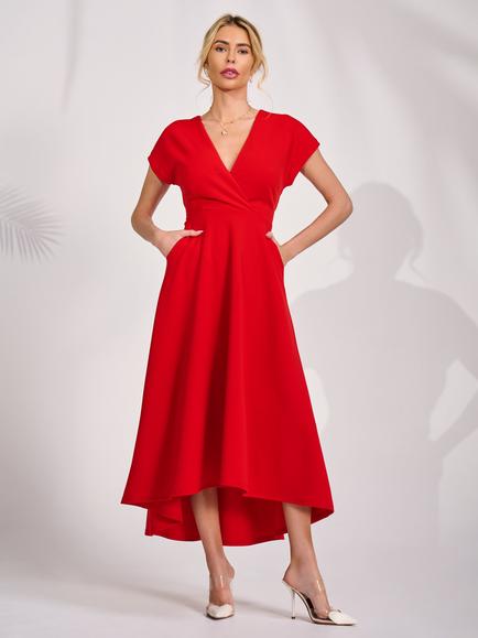 Jolie Moi V-Neck Tie Waist Scuba Dress, Red, Red