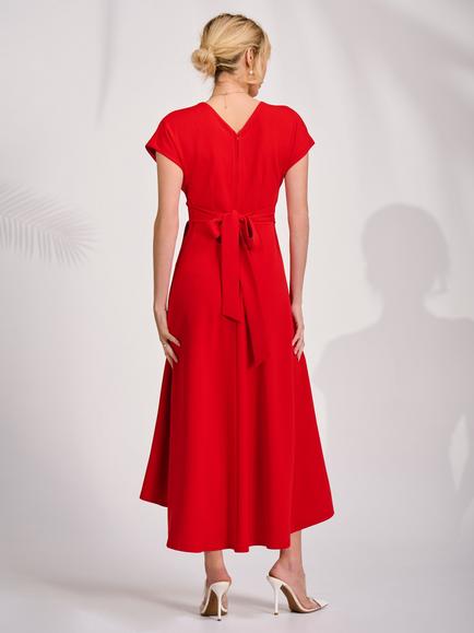 Jolie Moi V-Neck Tie Waist Scuba Dress, Red - view 2, Red