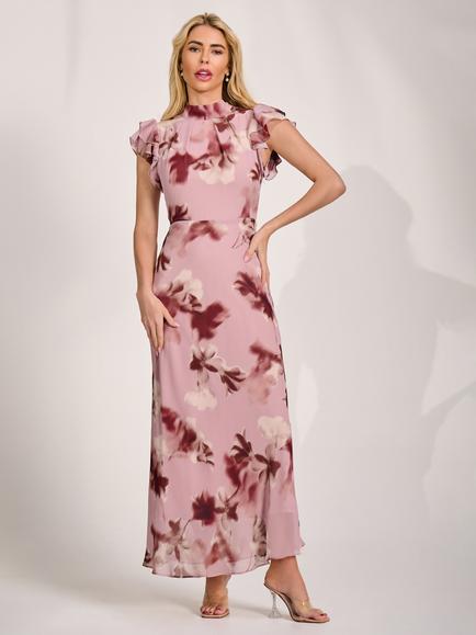 Jolie Moi Floral High Neck Ruffle Sleeve Dress, Pink, Pink