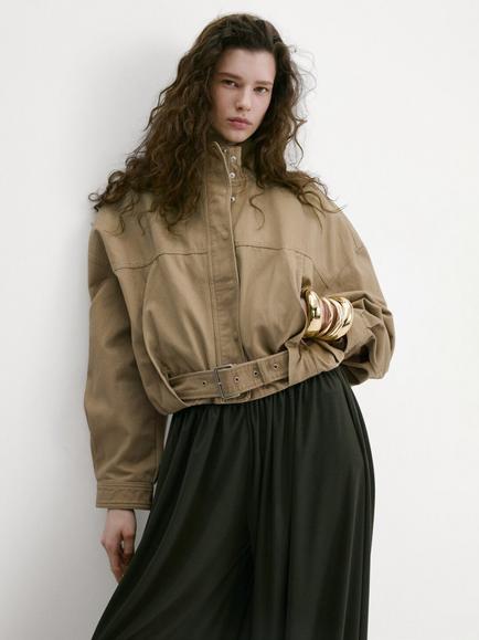 Mango Long Sleeve Cropped Loose Fit Jacket, Sand, Sand