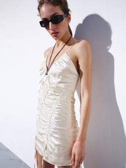 Mango Sleeveless V-Neck Ruched Mini Dress, Raw, Raw