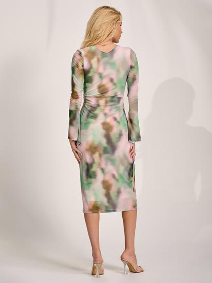 Jolie Moi Frill Bodycon Midi Dress, Green Abstract - view 2, Green Abstract
