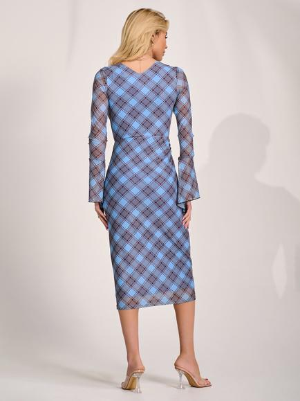Jolie Moi Asymmetric Frill Long Sleeve Dress, Blue Check - view 2, Blue Check