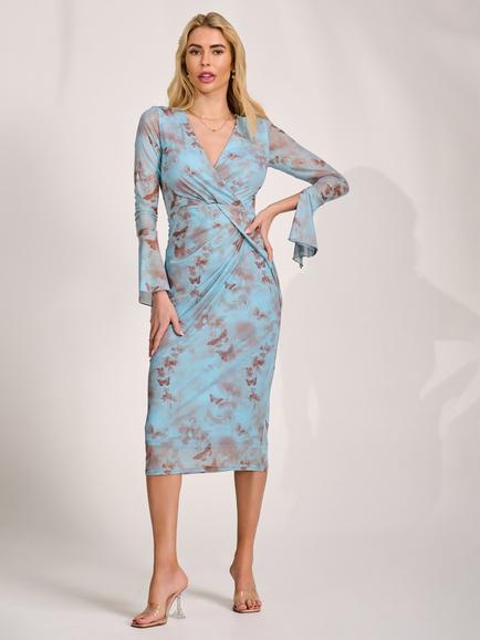 Jolie Moi Asymmetric Frill Long Sleeve Dress, Blue Abstract, Blue Abstract