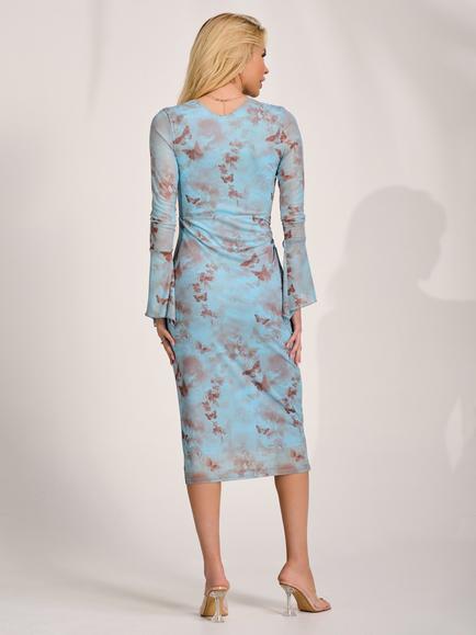 Jolie Moi Asymmetric Frill Long Sleeve Dress, Blue Abstract - view 2, Blue Abstract