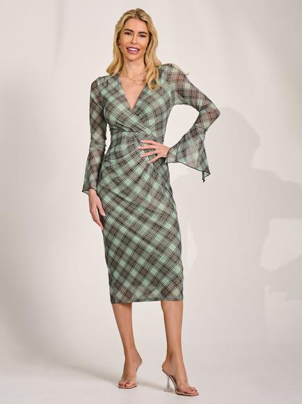 Jolie Moi Asymmetric Frill Mesh Bodycon Dress, Lime Check, Lime Check