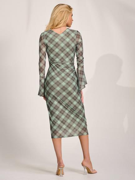 Jolie Moi Asymmetric Frill Mesh Bodycon Dress, Lime Check - view 2, Lime Check