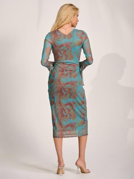 Jolie Moi Asymmetric Frill Mesh Bodycon Dress, Teal Abstract - view 2, Teal Abstract