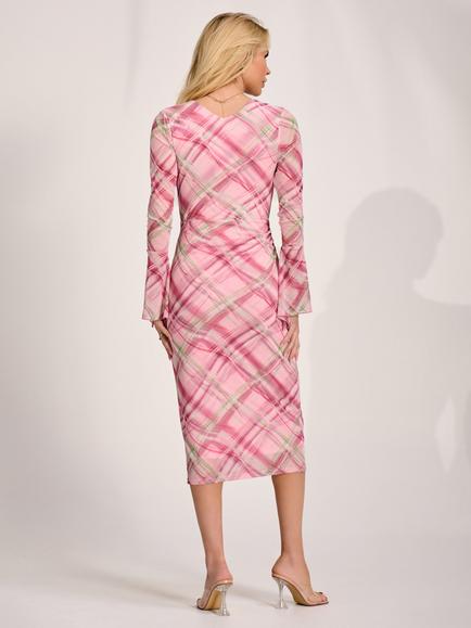 Jolie Moi Asymmetric Frill Mesh Dress, Pink Check - view 2, Pink Check
