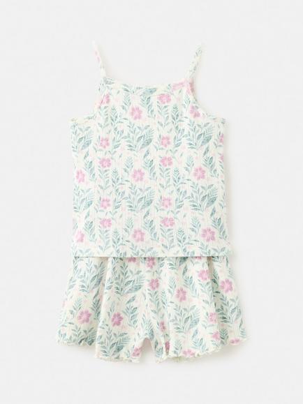Mango Kids' Floral Ribbed Cami Shorts Pyjamas, Off White, Off White