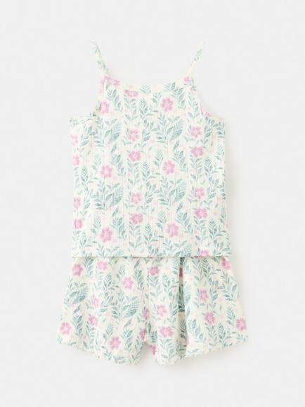 Mango Kids' Floral Ribbed Cami Shorts Pyjamas, Off White - view 2, Off White