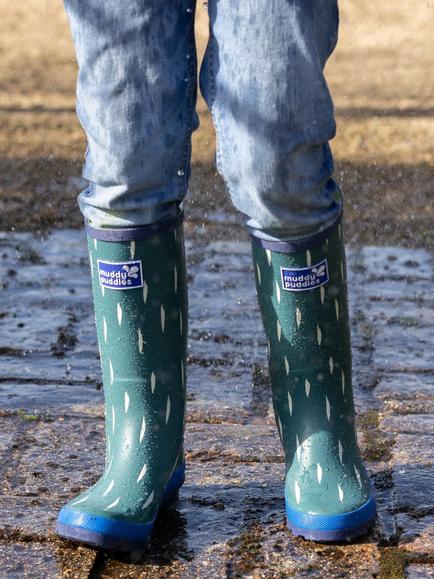 Muddy Puddles Kids' Puddlestomper Wellington Boots, Green/Multi - view 2, Green/Multi