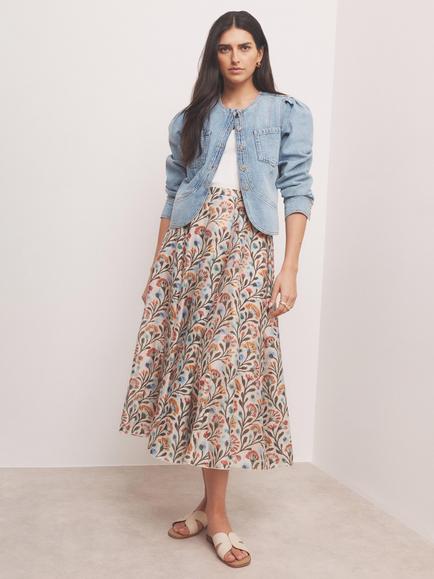 Mint Velvet Floral Print Midi Skirt, Orange/Multi, Orange/Multi