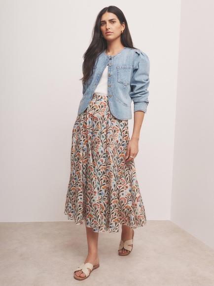 Mint Velvet Floral Print Midi Skirt, Orange/Multi - view 2, Orange/Multi