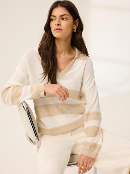 Mint Velvet Sequin Striped Knit Jumper, Beige, Beige