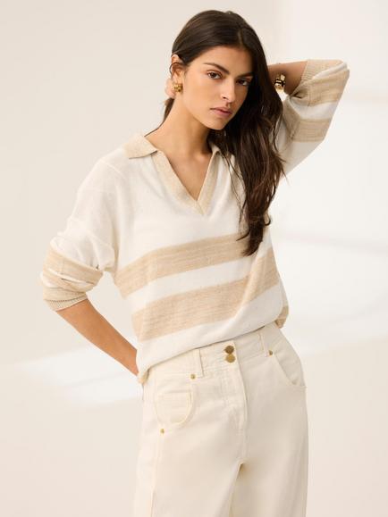 Mint Velvet Sequin Striped Knit Jumper, Beige - view 2, Beige