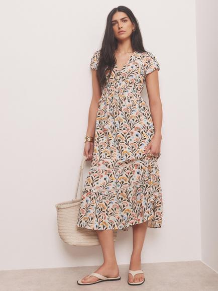Mint Velvet Floral V-Neck Midi Dress, Orange/Multi, Orange/Multi