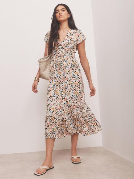 Mint Velvet Floral V-Neck Midi Dress, Orange/Multi - view 2, Orange/Multi