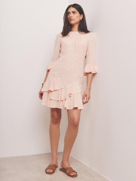 Mint Velvet Floral Tiered Mini Dress, Pink, Pink