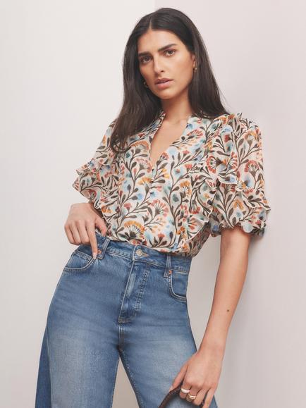 Mint Velvet Floral V-Neck Blouse, Orange/Multi, Orange/Multi