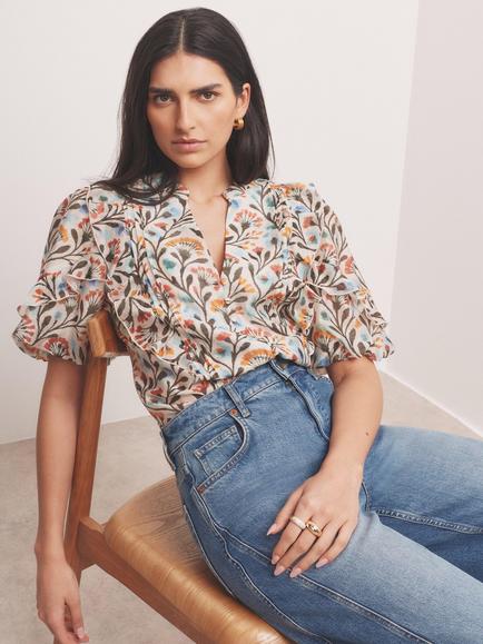 Mint Velvet Floral V-Neck Blouse, Orange/Multi - view 2, Orange/Multi