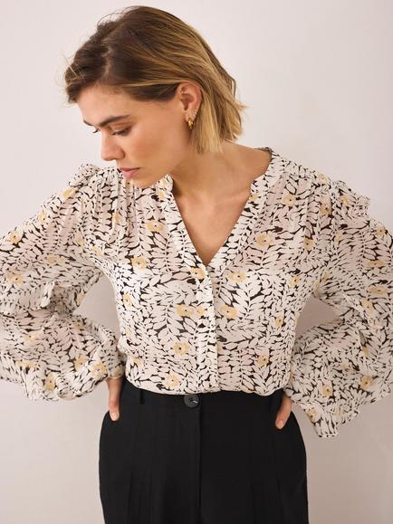 Mint Velvet Floral Print Ruffle Blouse, Black/Multi - view 2, Black/Multi